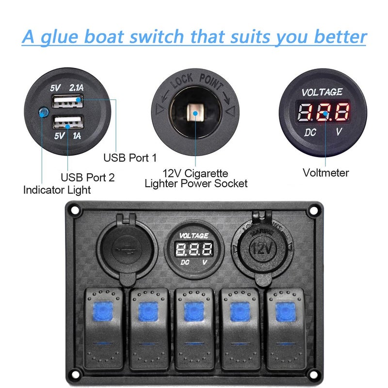 Garfour 5 Gang Boat Switch Panel Waterproof Rubber Panel Dual 3.1A USB 12V Slot Socket LED Light Voltmeter Rocker Switch Panel for Car Boat Truck - Image 3